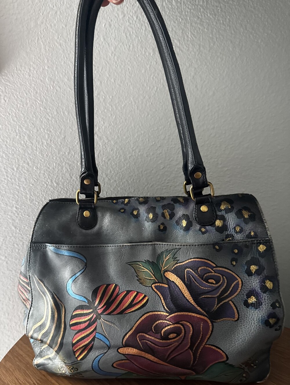 Anuschka Black Hand-Painted Floral & Leopard Shoulder Bag